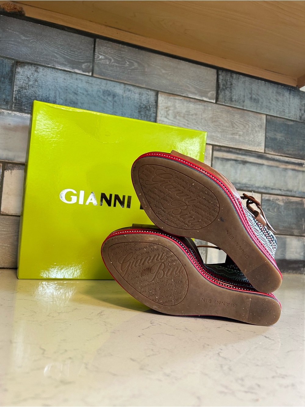 Gianni Bini Tama Hampton Tan Leather Platform Wedge Sandals - Picture 13 of 15